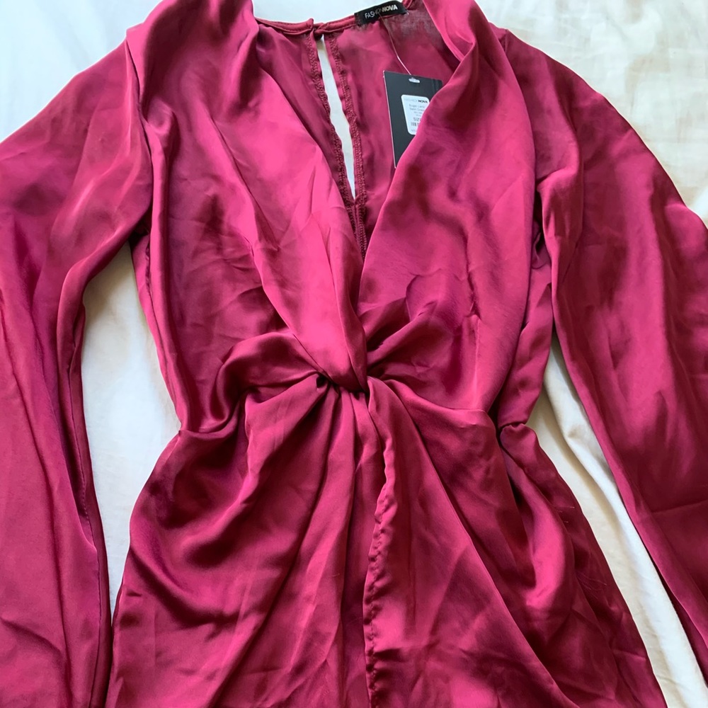 Fashion Nova Sugar Land Satin Dress in Wine - Picture 3 of 4